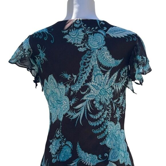 MSK Midi Dress Women's Sz 10 Brown Teal Floral Twist Front Ruffle Flutter Sleeve - Picture 13 of 16